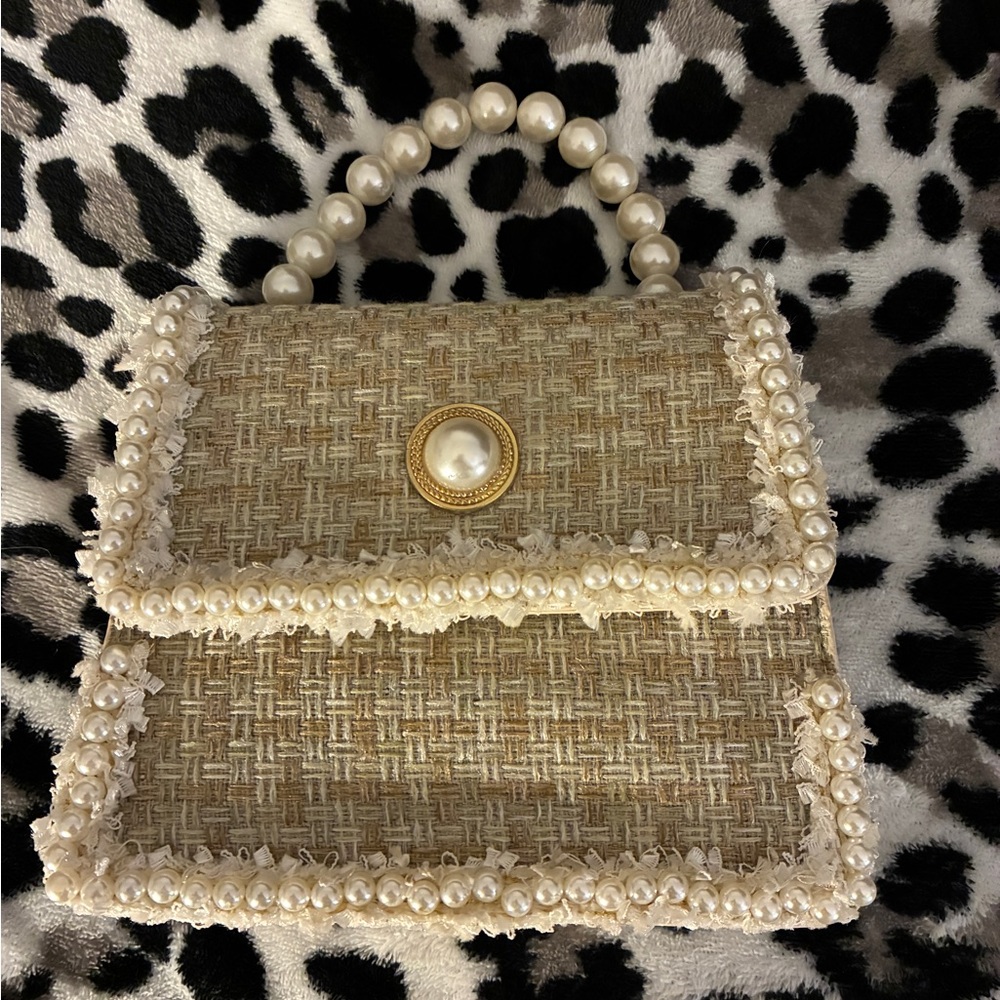 Elegant Pearl-Embellished Tan Handbag